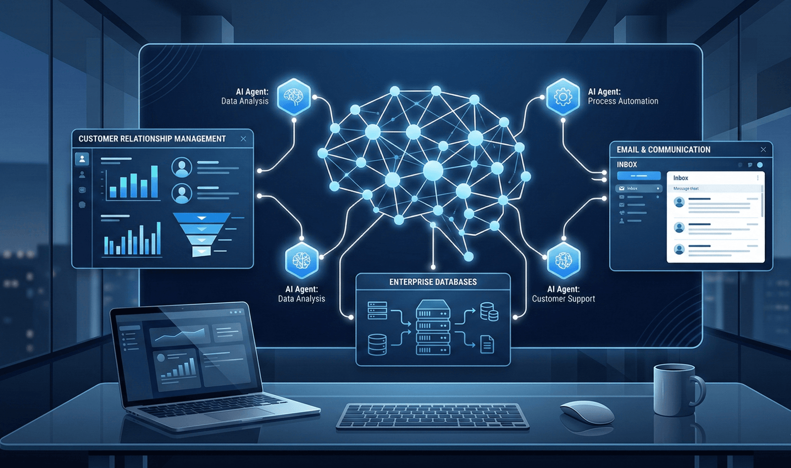 AI agent network connecting enterprise systems in 2026 — illustration of autonomous digital workers