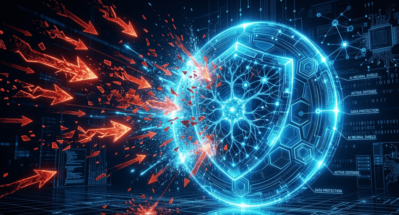 Preemptive cybersecurity with AI — a glowing AI-powered digital shield deflecting cyber threats before they reach critical systems
