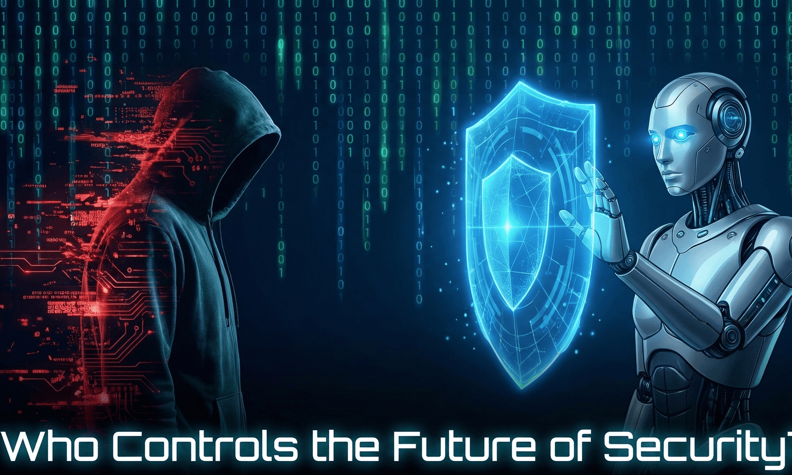 AI cybersecurity 2026 — a hacker on the left dissolving into attack data streams facing an AI-powered robotic defender with a holographic shield, symbolizing the AI arms race in modern cybersecurity