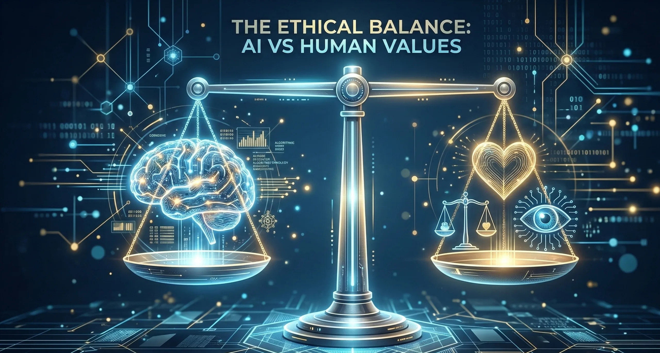 Ethics of AI in 2026 — a balanced scale weighing artificial intelligence against human ethical values like fairness, transparency, and accountability